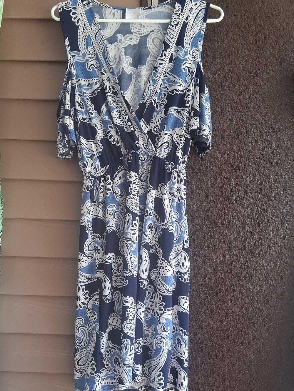 Navy Paisley Cold-Shoulder Surplice Dress